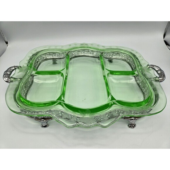 Cambridge Etched Green Uranium Glass 5-part Relish Serving Dish W/Ornate Stand - Picture 2 of 16